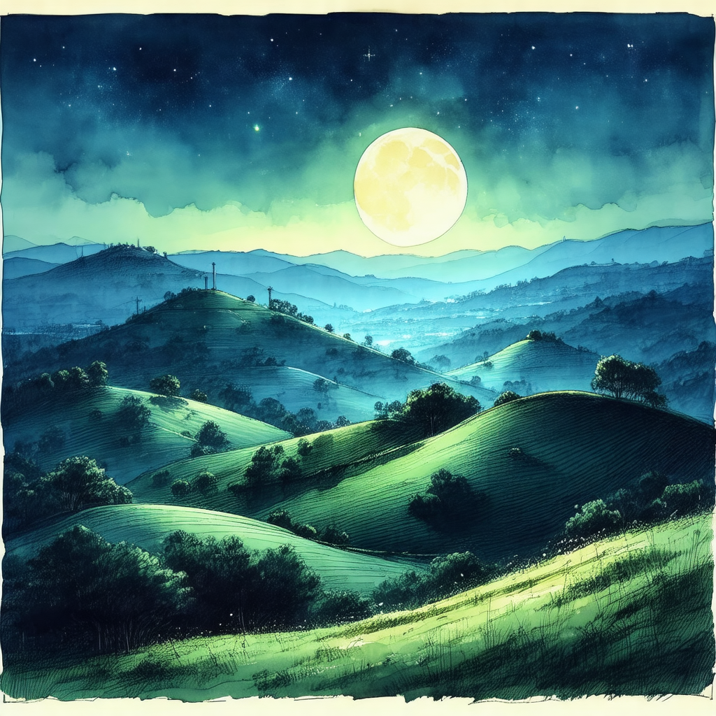 Beautifully drawn illustration of a moonlit night in a va...