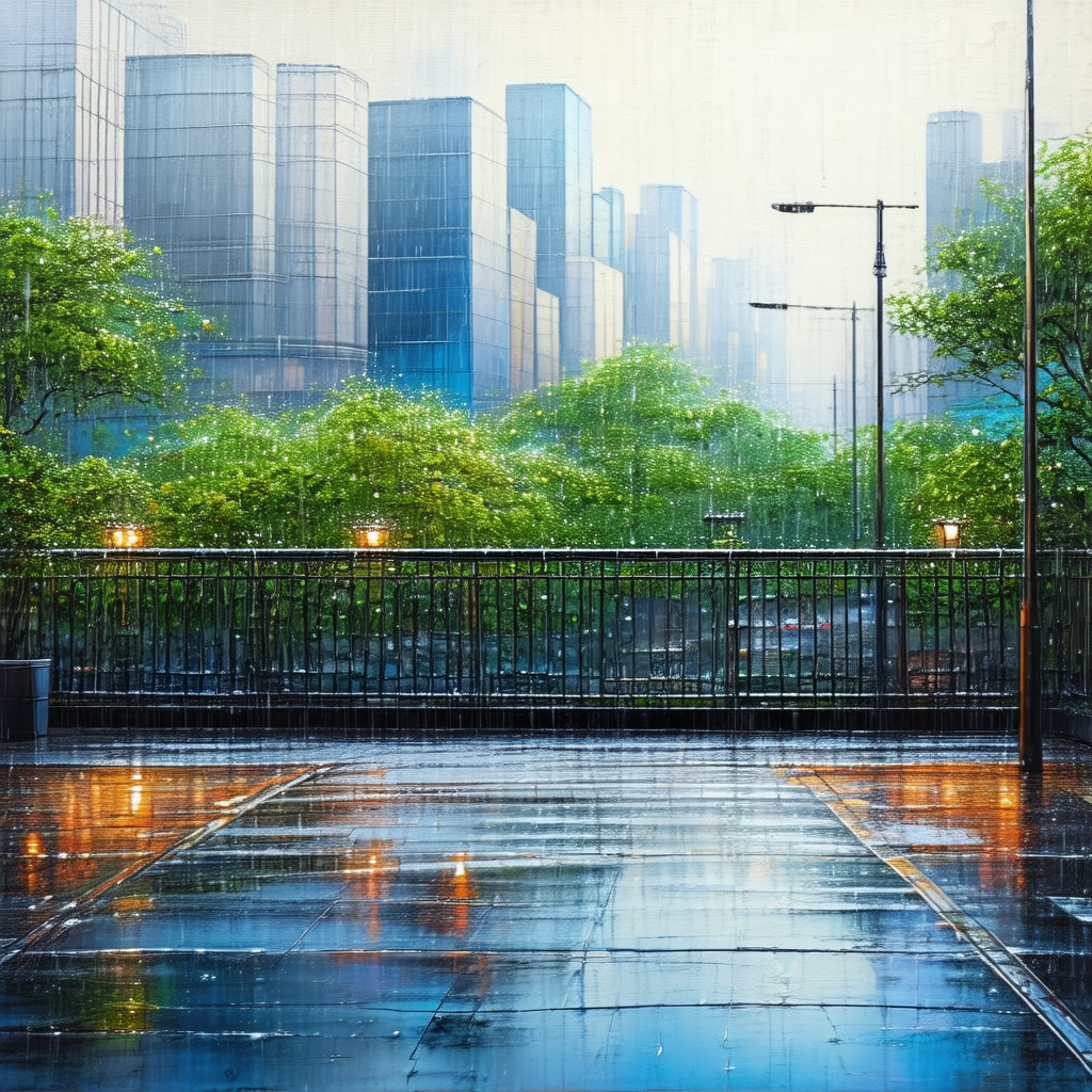Rainy day in a city, with a view of a street and a bridge