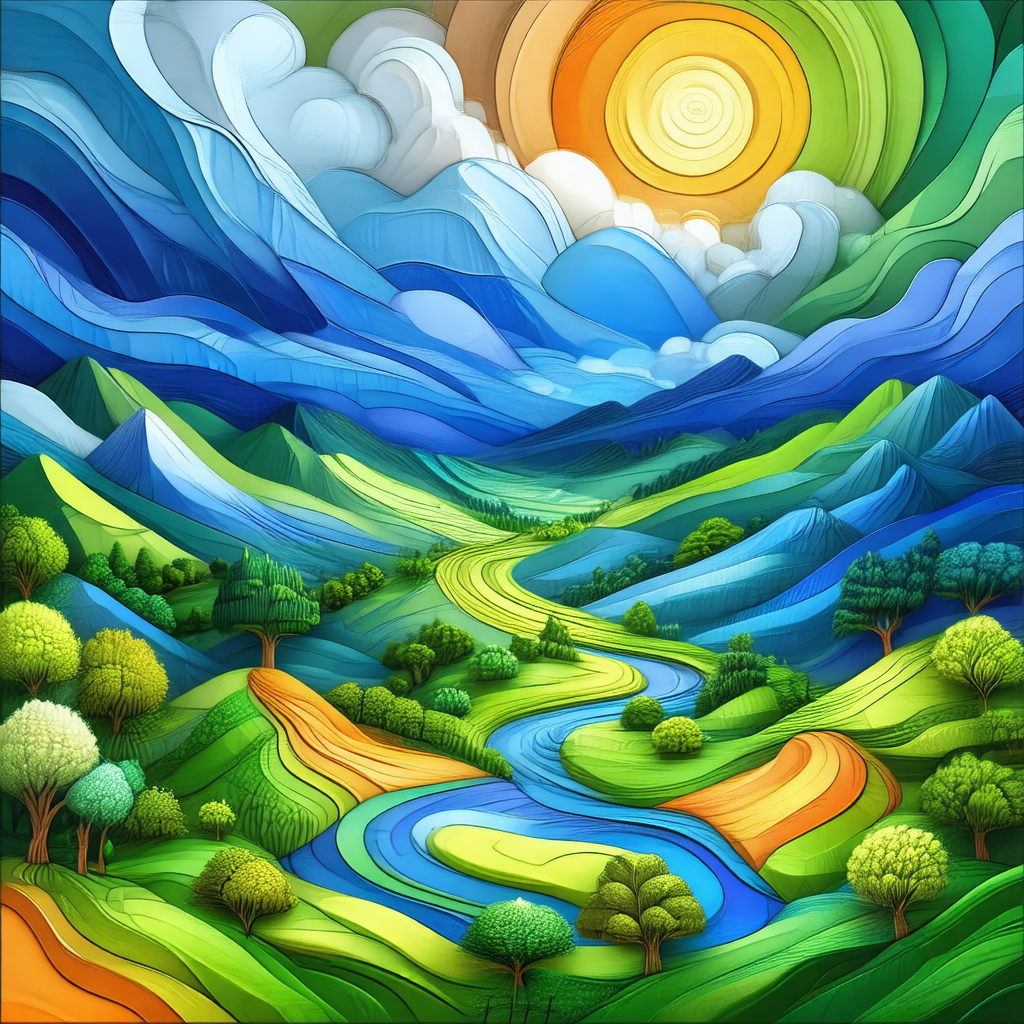 Colorful painting of a mountainous landscape with a river...