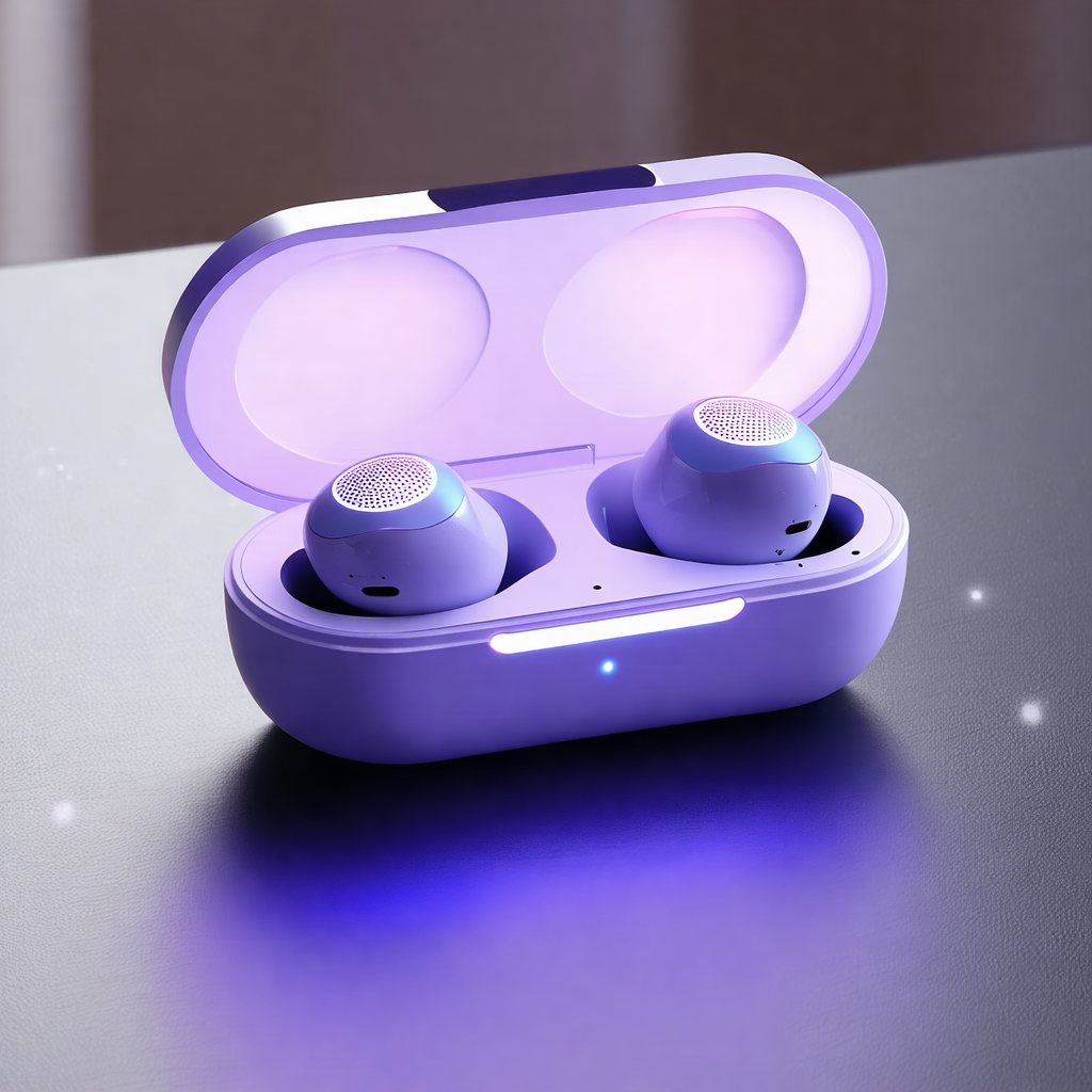 Pair of wireless earbuds sitting inside a small white case