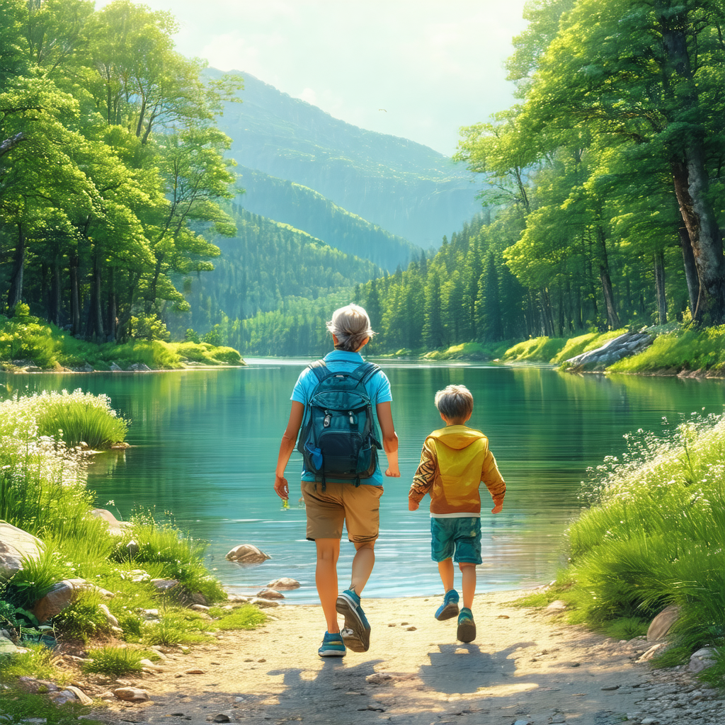 Man and a young boy walking together along a path near a ...