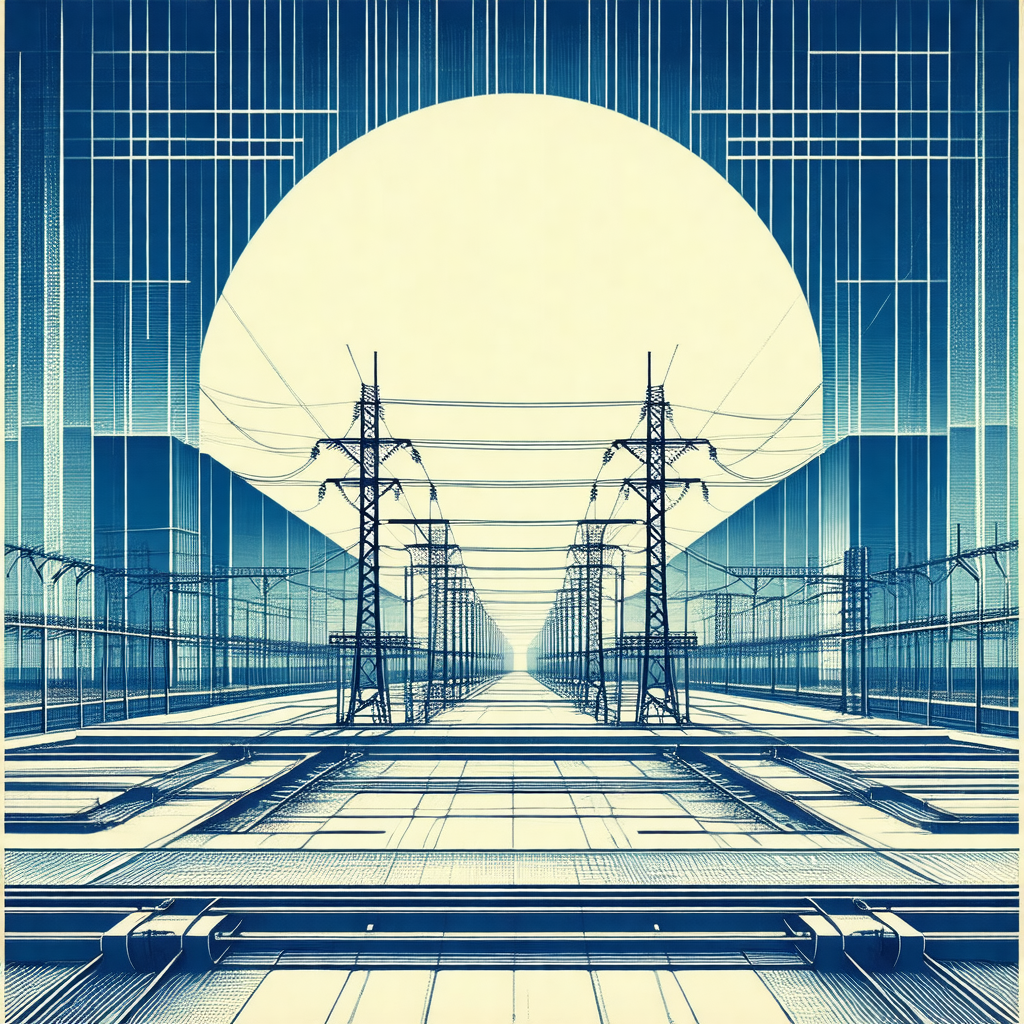 Blue and white drawing of a train track with a train on it