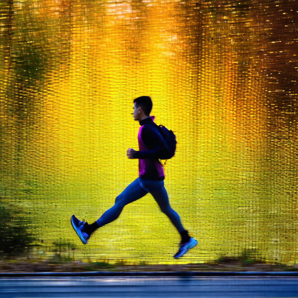 Captures a man running on a road, wearing a backpack
