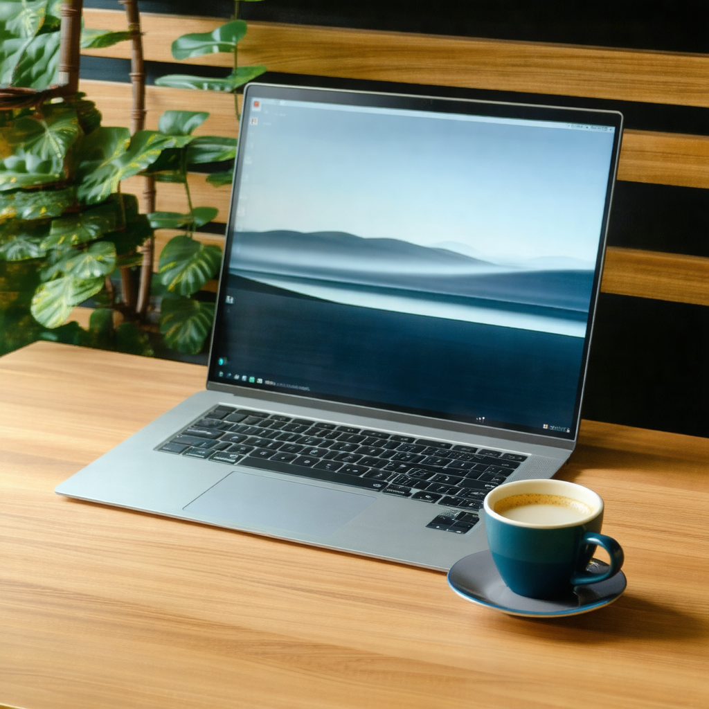 Laptop computer sitting on a wooden desk