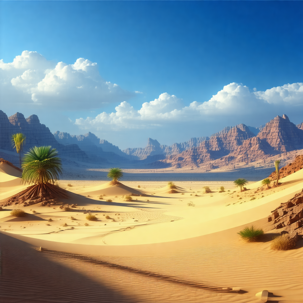 Desert landscape with a sandy terrain and a few trees sca...