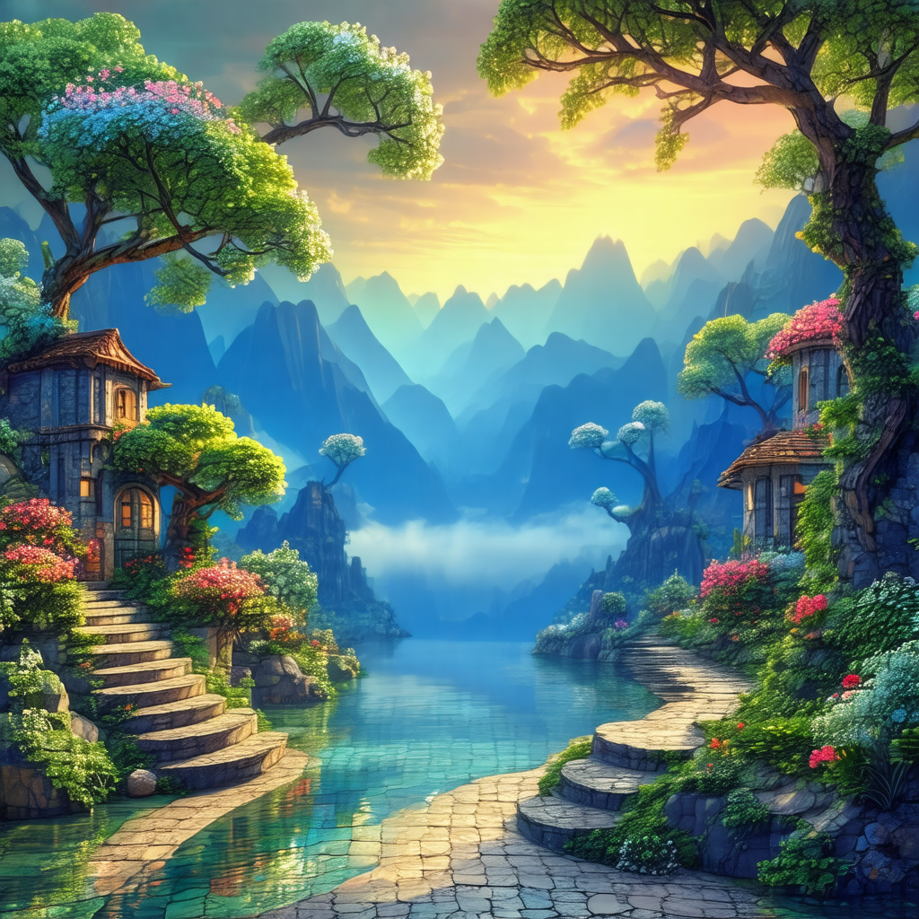 Painting of a beautiful landscape featuring a river flowi...