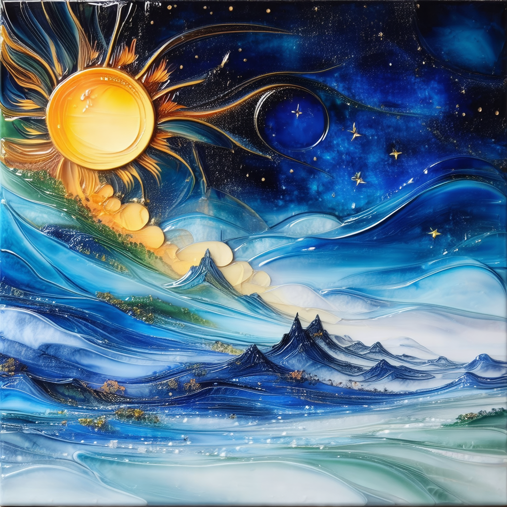 Painting of a sunset over a mountain range