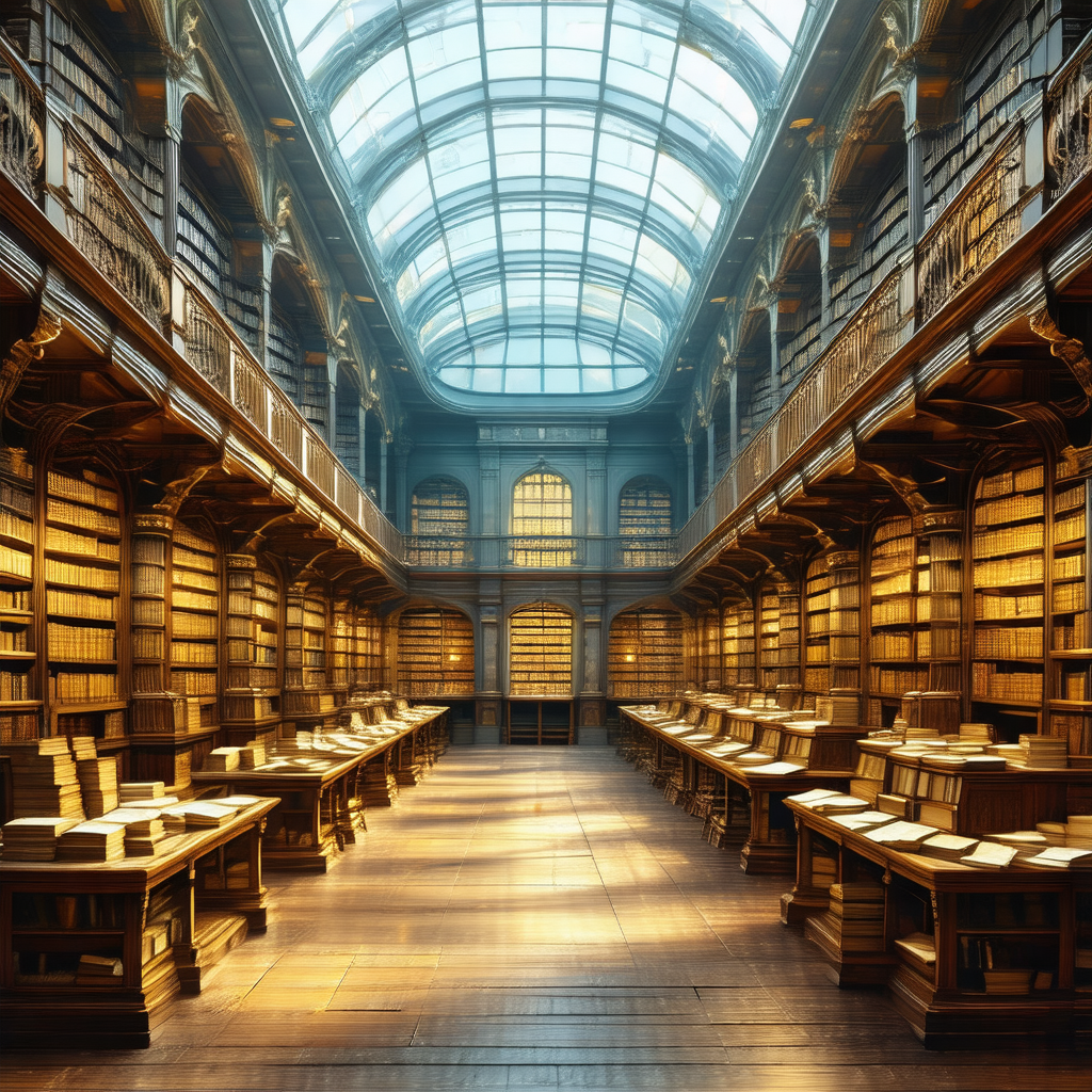 Large, ornate library filled with numerous books
