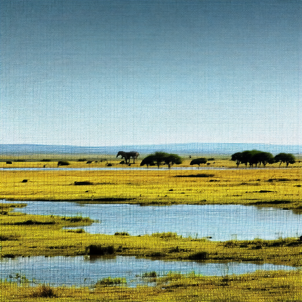 Large, open field with a body of water in the middle