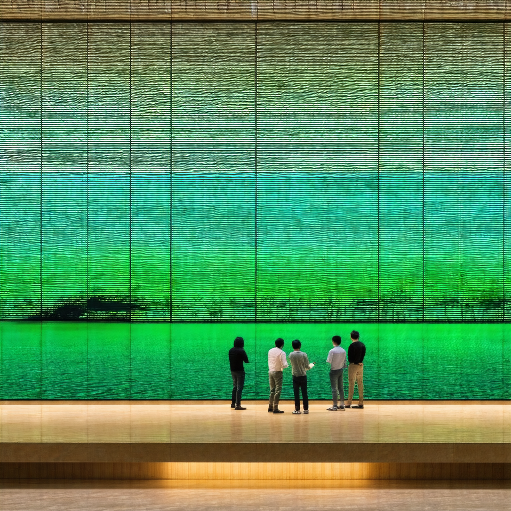 Group of four people standing in front of a large, colorf...
