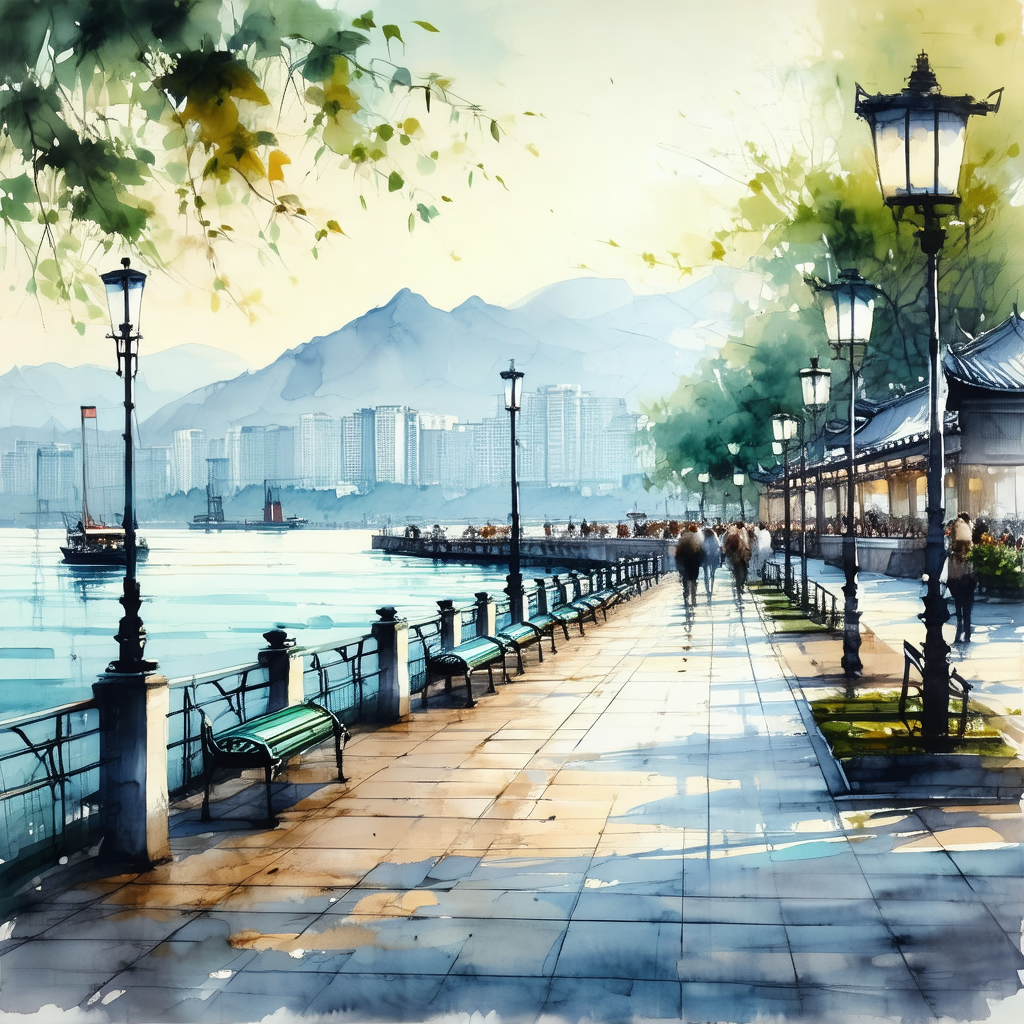 Beautiful waterfront scene with a long pier extending out...