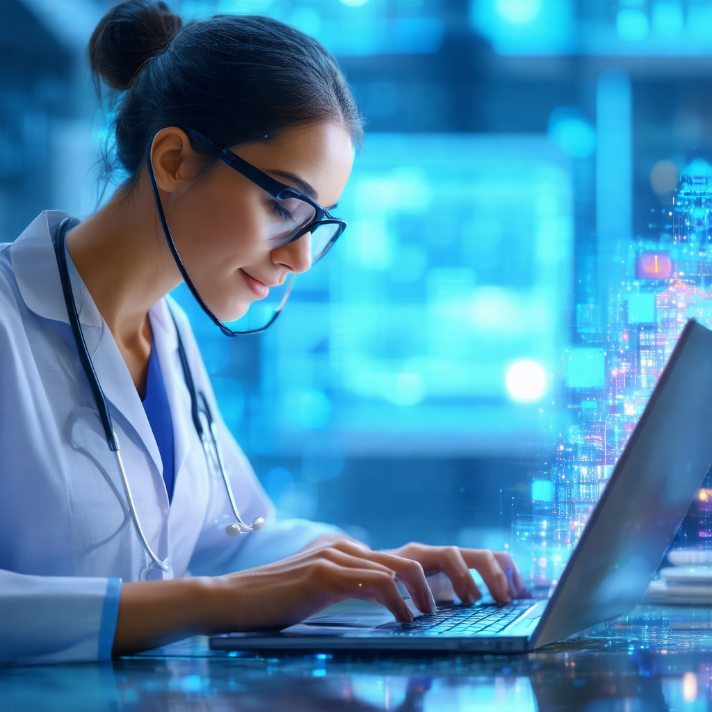 Woman wearing a white lab coat, sitting at a desk and wor...