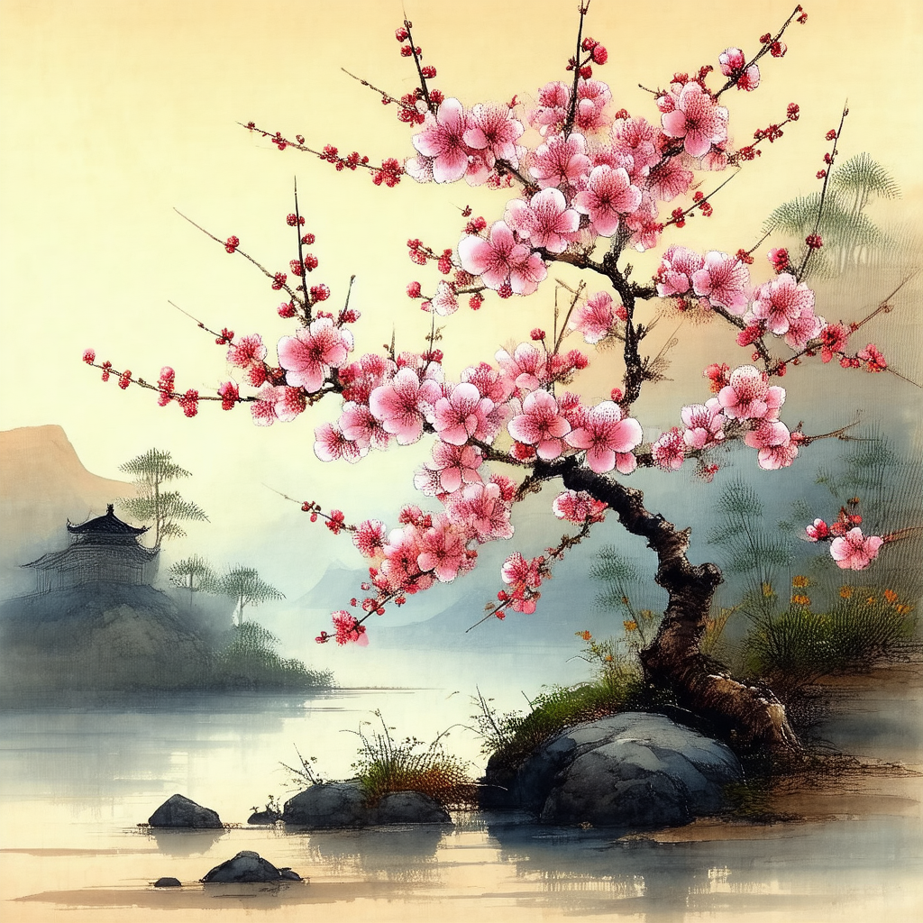 Beautiful tree with pink flowers, situated near a body of...