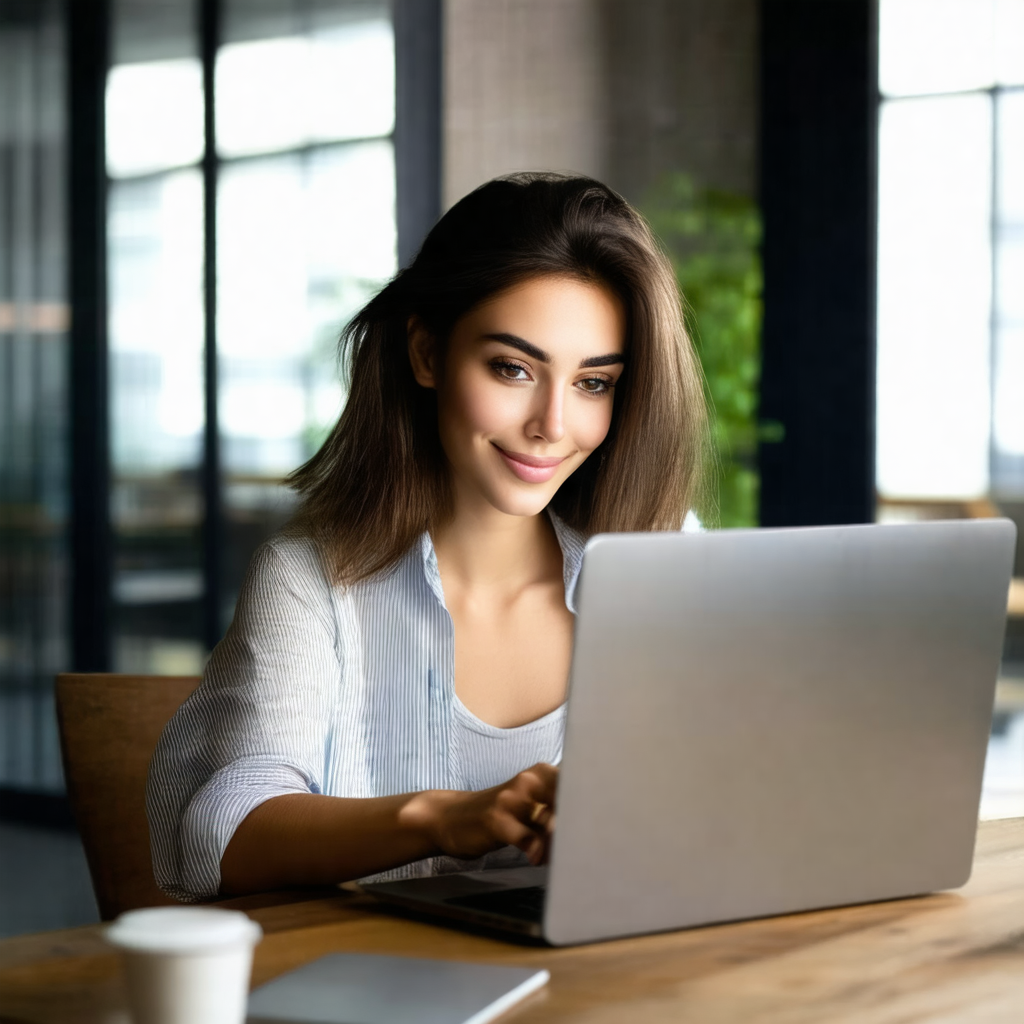 Woman sitting at a desk, working on her laptop