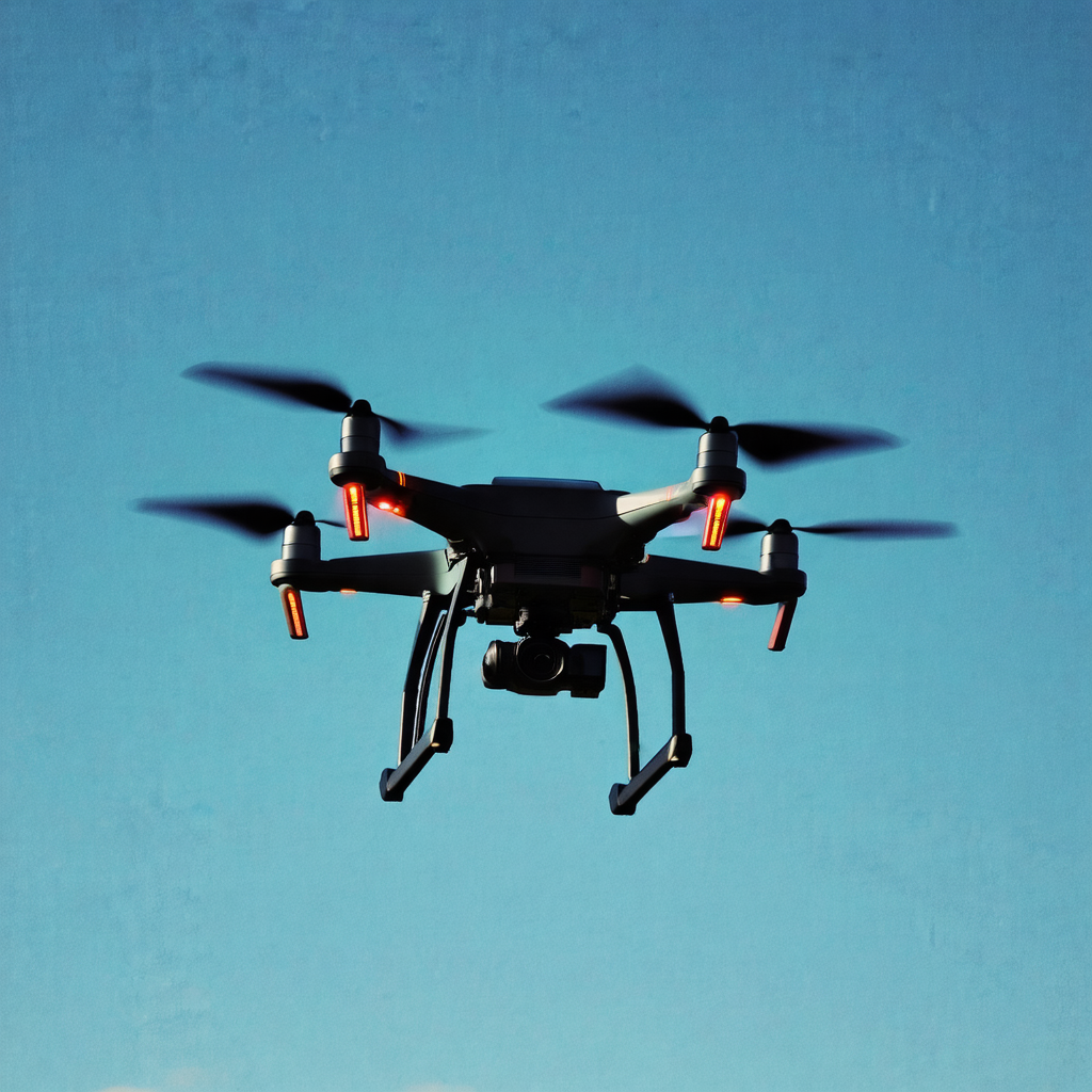Drone flying high in the sky, with its propellers spinning
