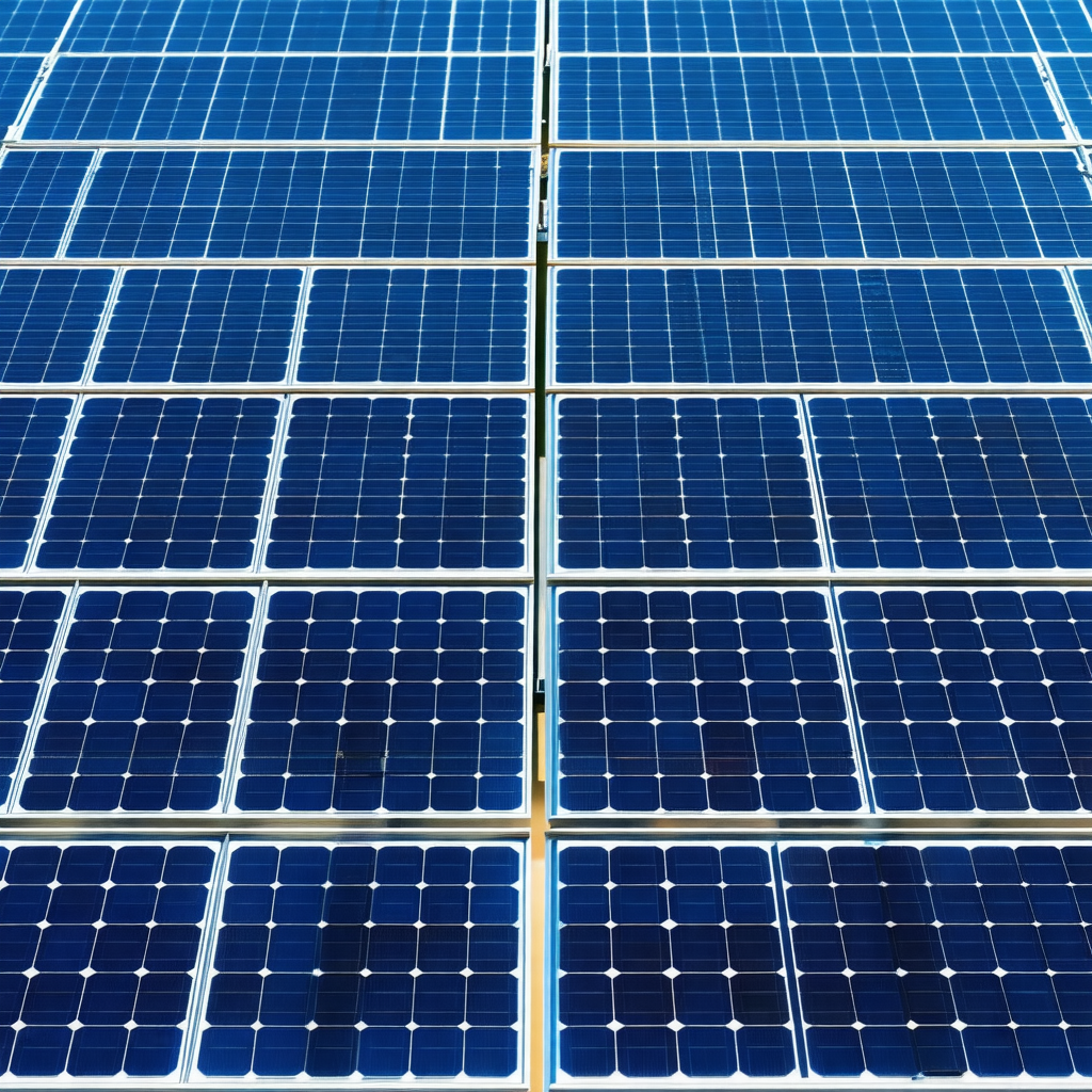 Large array of solar panels, each with a row of solar cells
