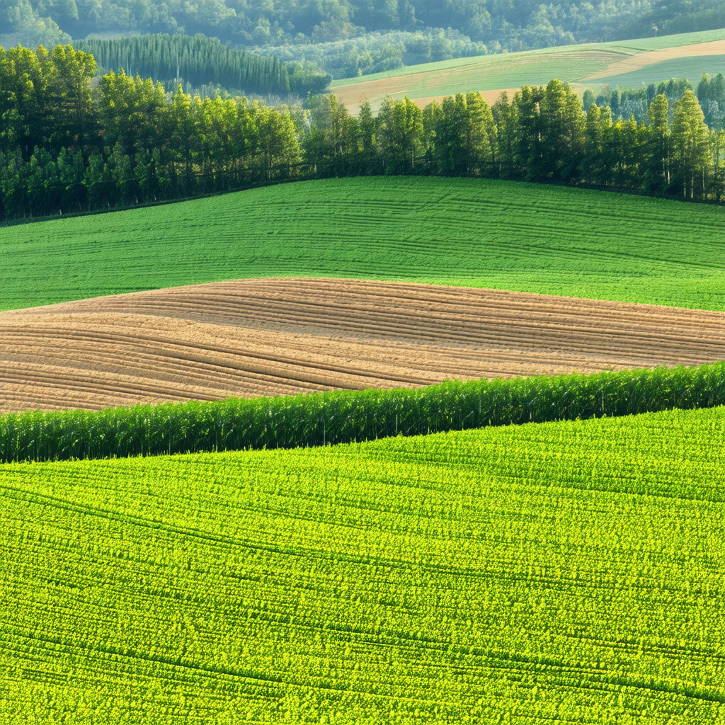 Lush green field with a mix of grass and trees