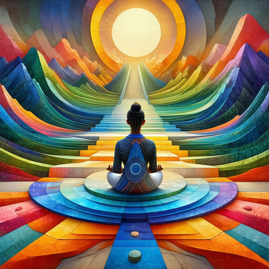 Woman sitting in a lotus position on a colorful, rainbow-...