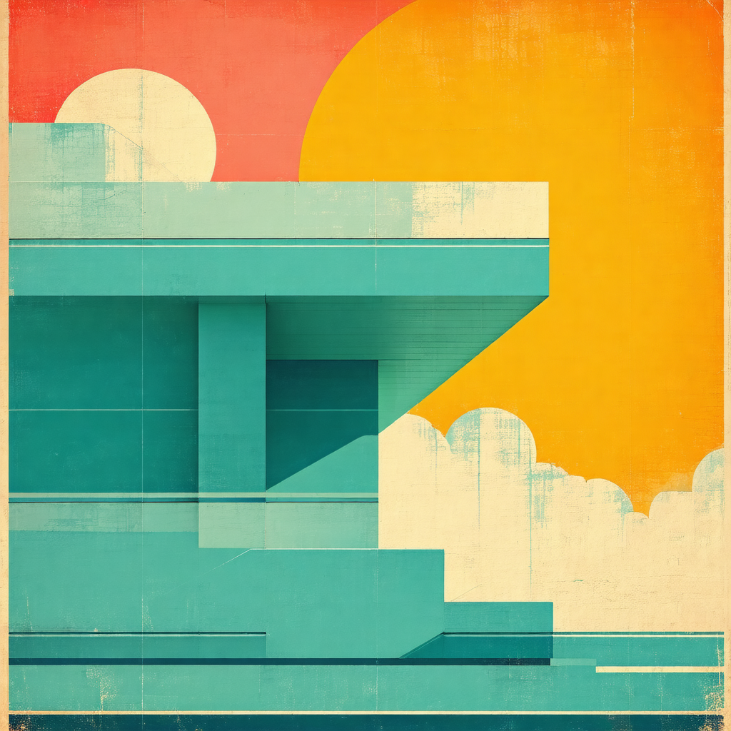 Colorful painting of a building with a large yellow sun i...