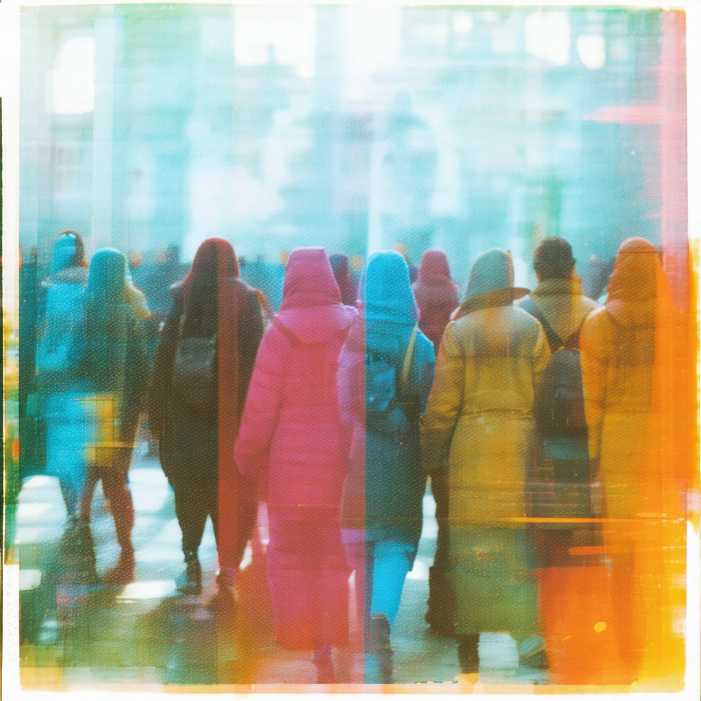 Colorful, artistic photograph of a group of people walkin...