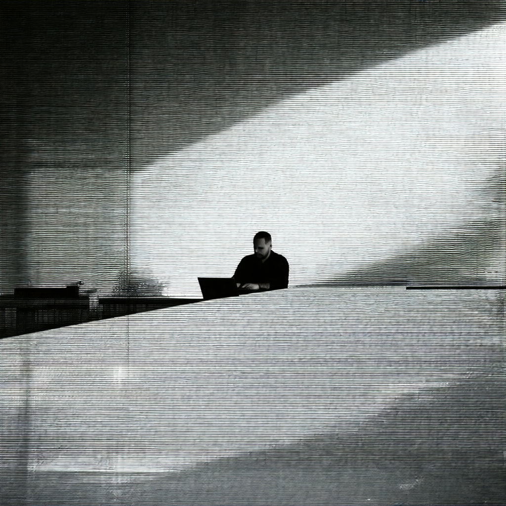 Man sitting at a desk in a room, working on a laptop comp...