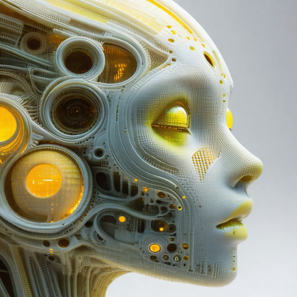 Close-up of a futuristic robotic head with a human-like face