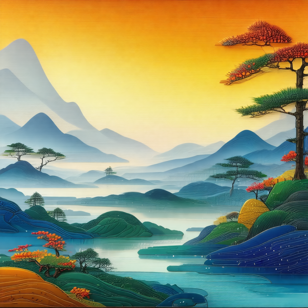 Painting of a beautiful landscape featuring a large body ...