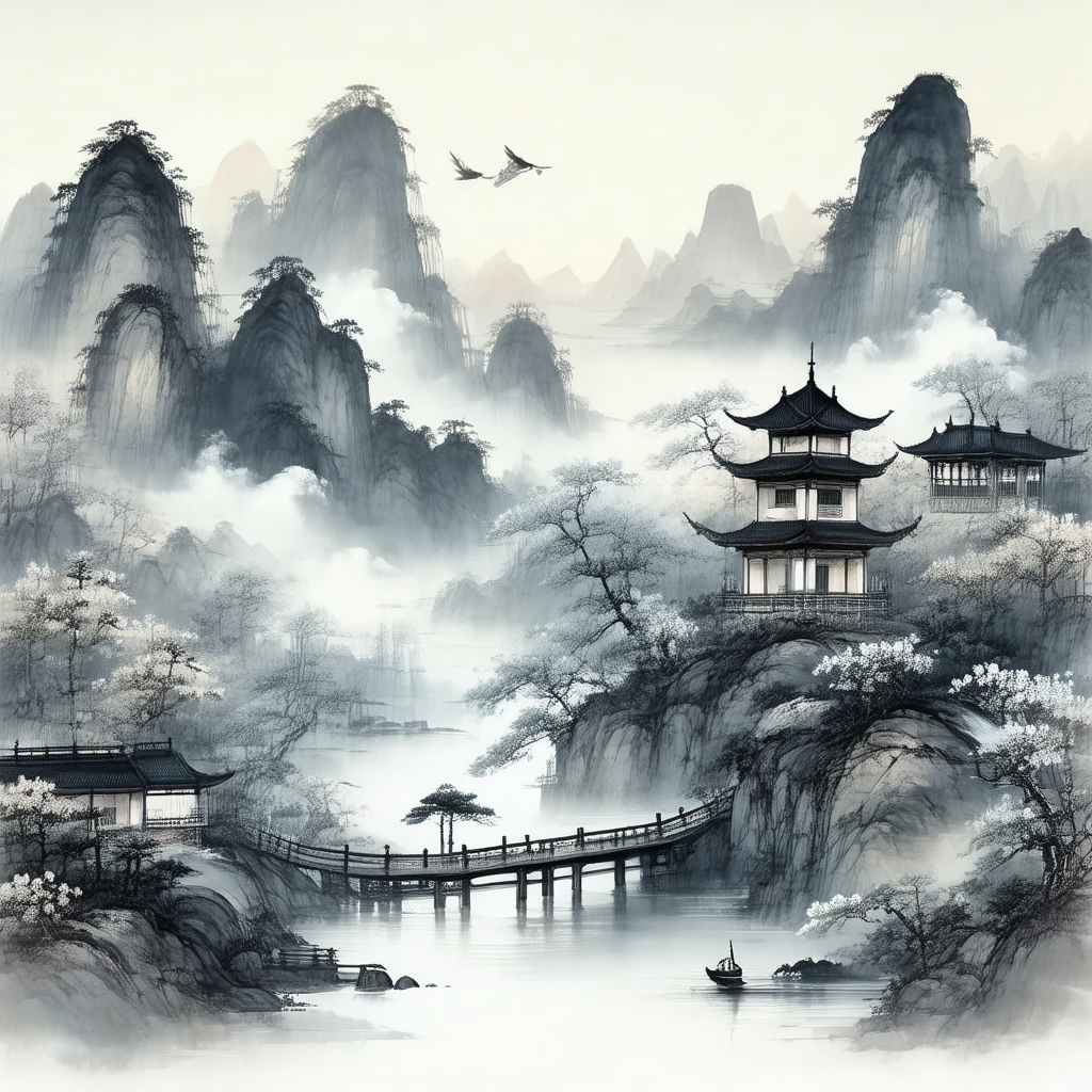 Serene scene of a bridge crossing a river, surrounded by ...