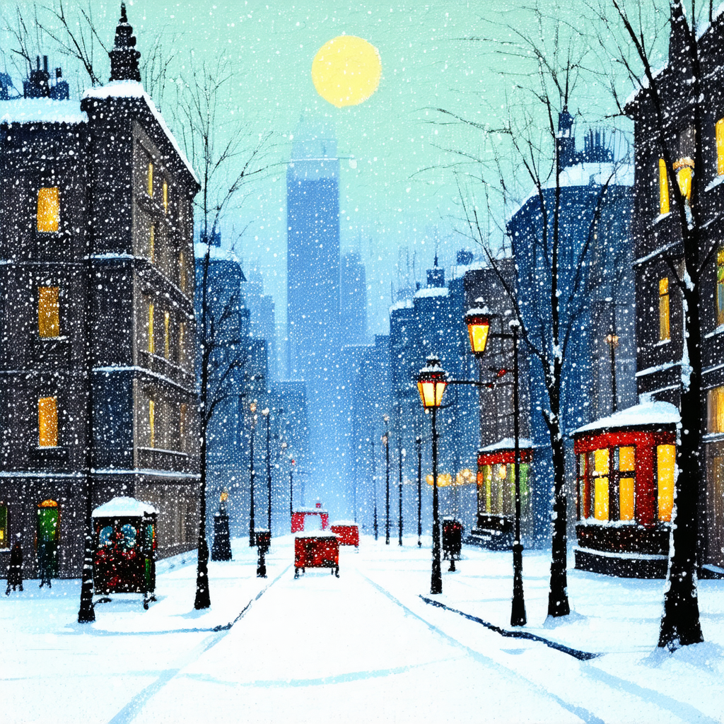 Painting of a snowy city street at night