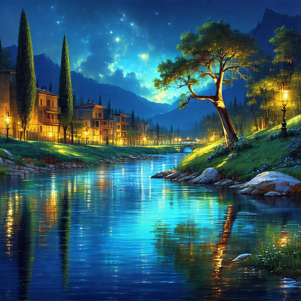 Serene scene of a river flowing through a valley, surroun...
