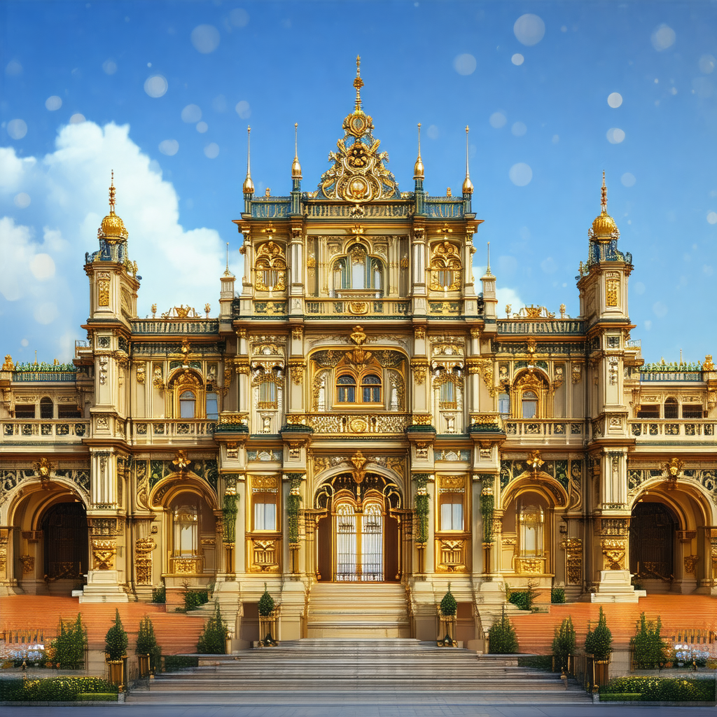 Large, ornate building with a gold and white color scheme