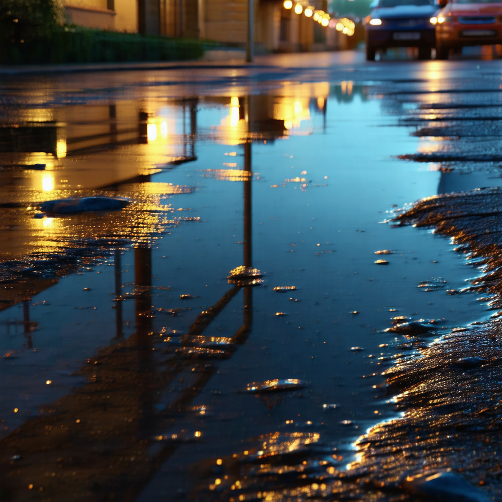 City street at night, with a puddle of water reflecting t...