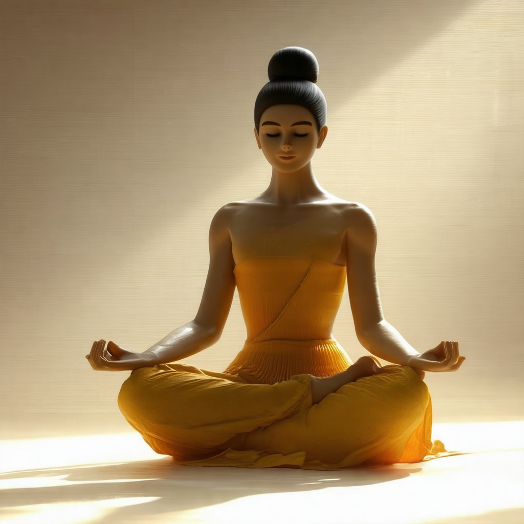 Woman sitting in a lotus position on a white surface