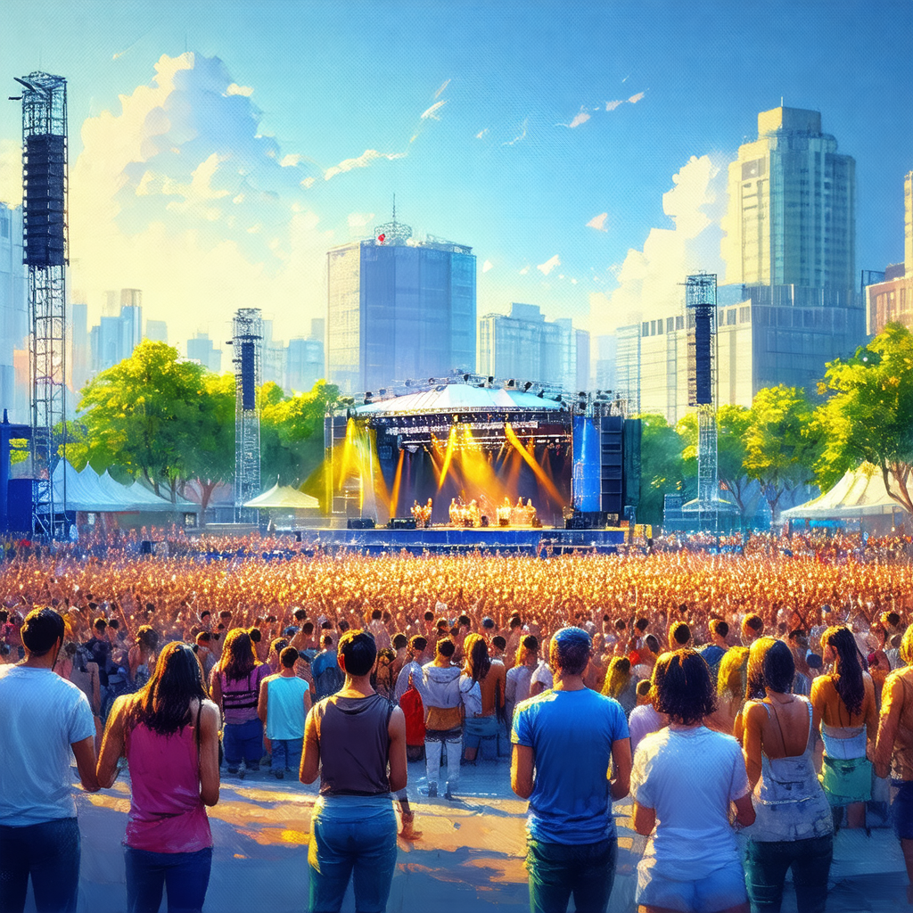Colorful, animated scene of a large crowd of people gathe...