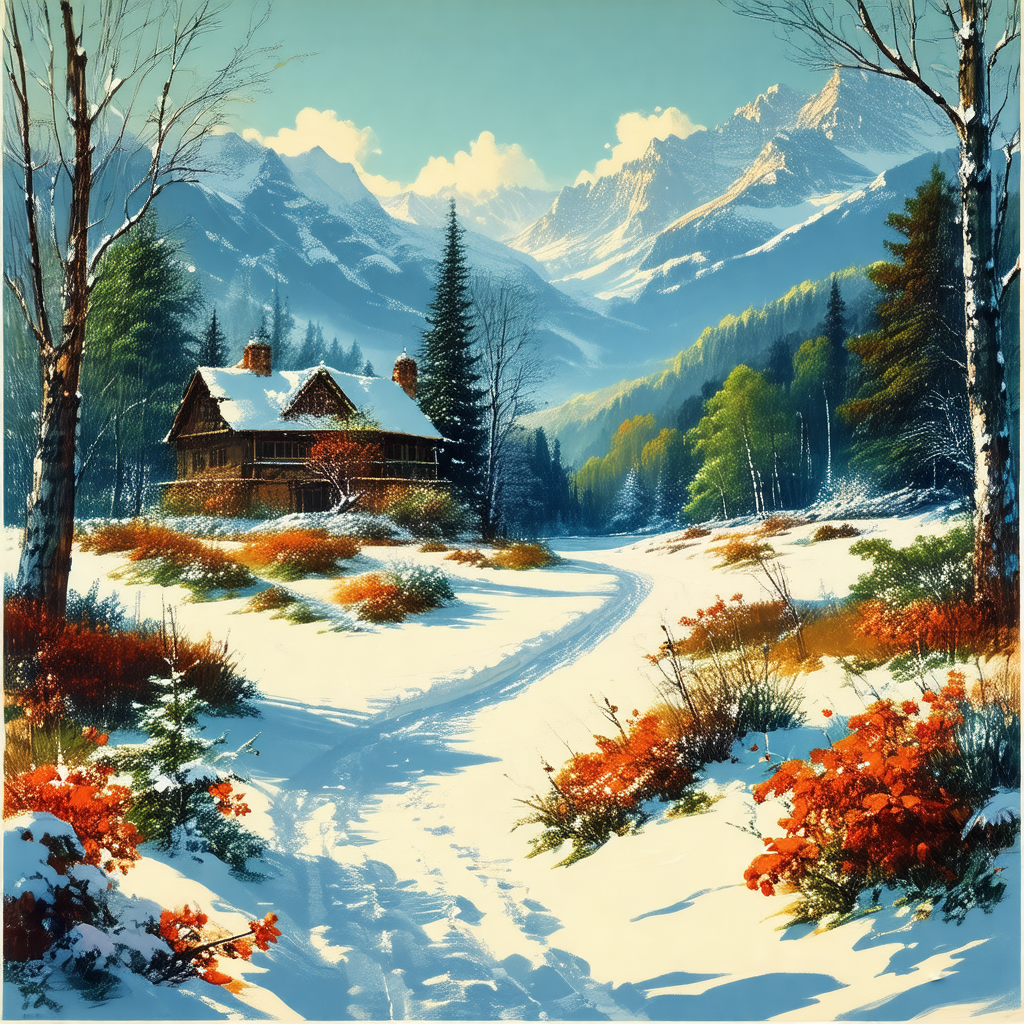 Snowy mountain landscape with a small cabin nestled in th...