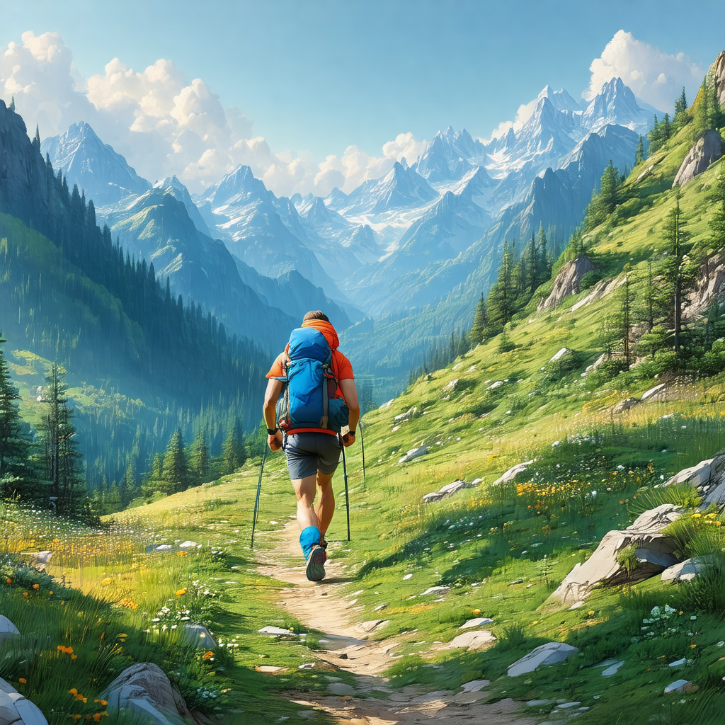 Man wearing a backpack, walking through a lush green forest