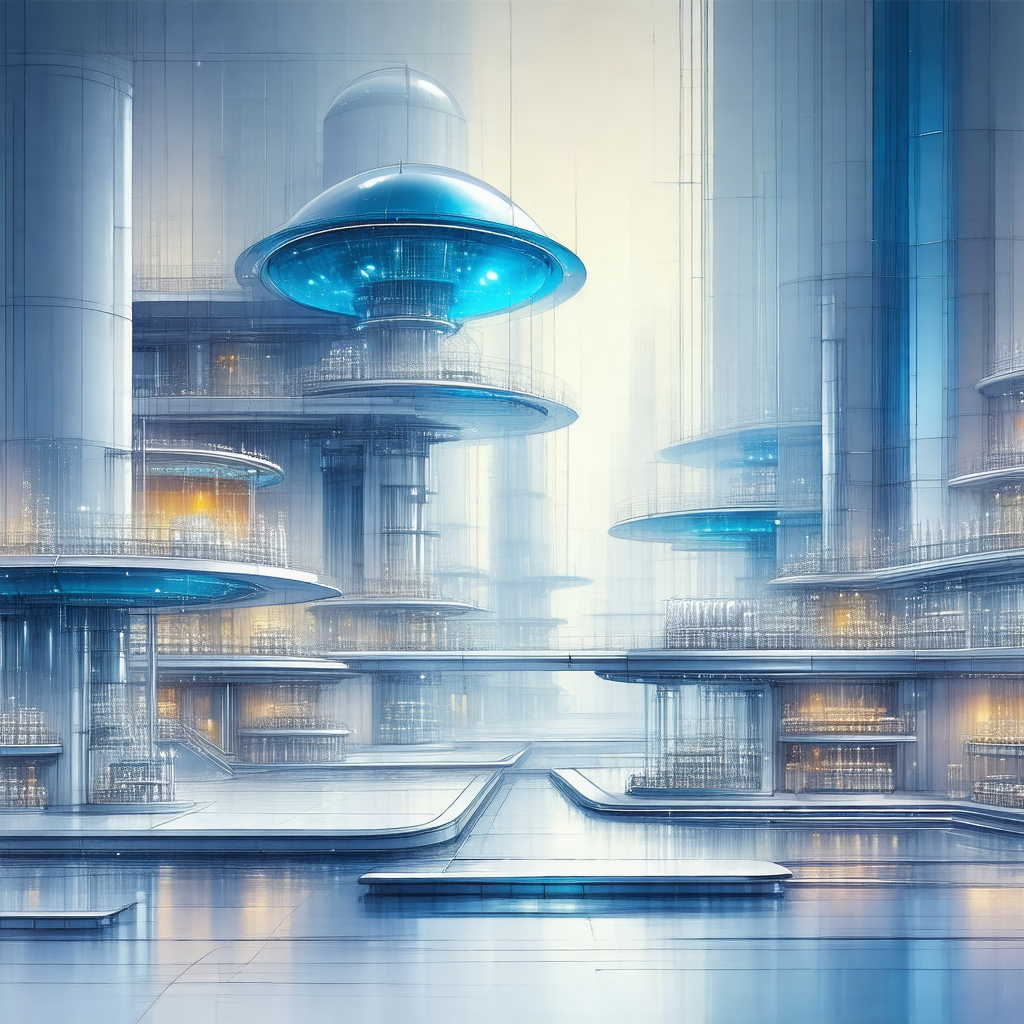 Futuristic cityscape with a large, blue, dome-shaped stru...