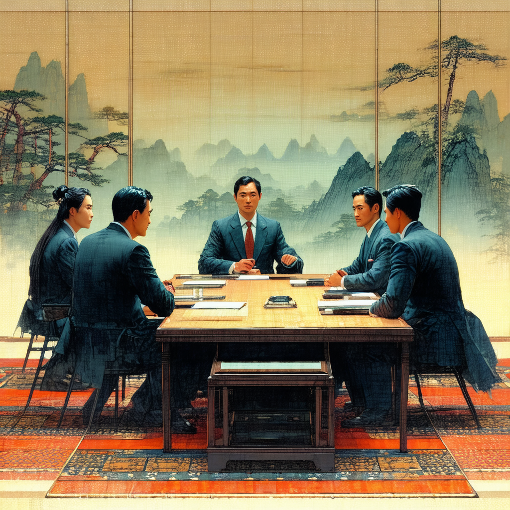 Group of men sitting around a wooden dining table in a ro...