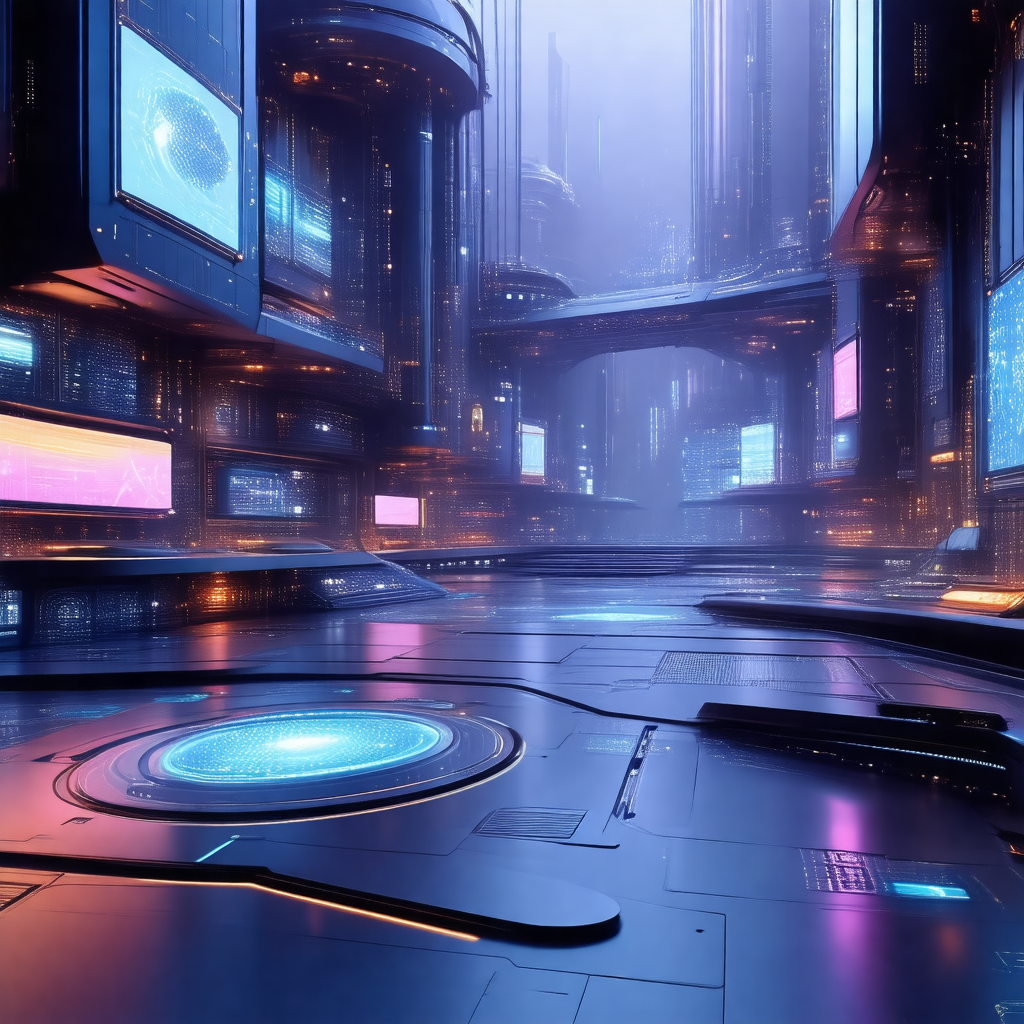 Futuristic cityscape with a large, dark building in the c...