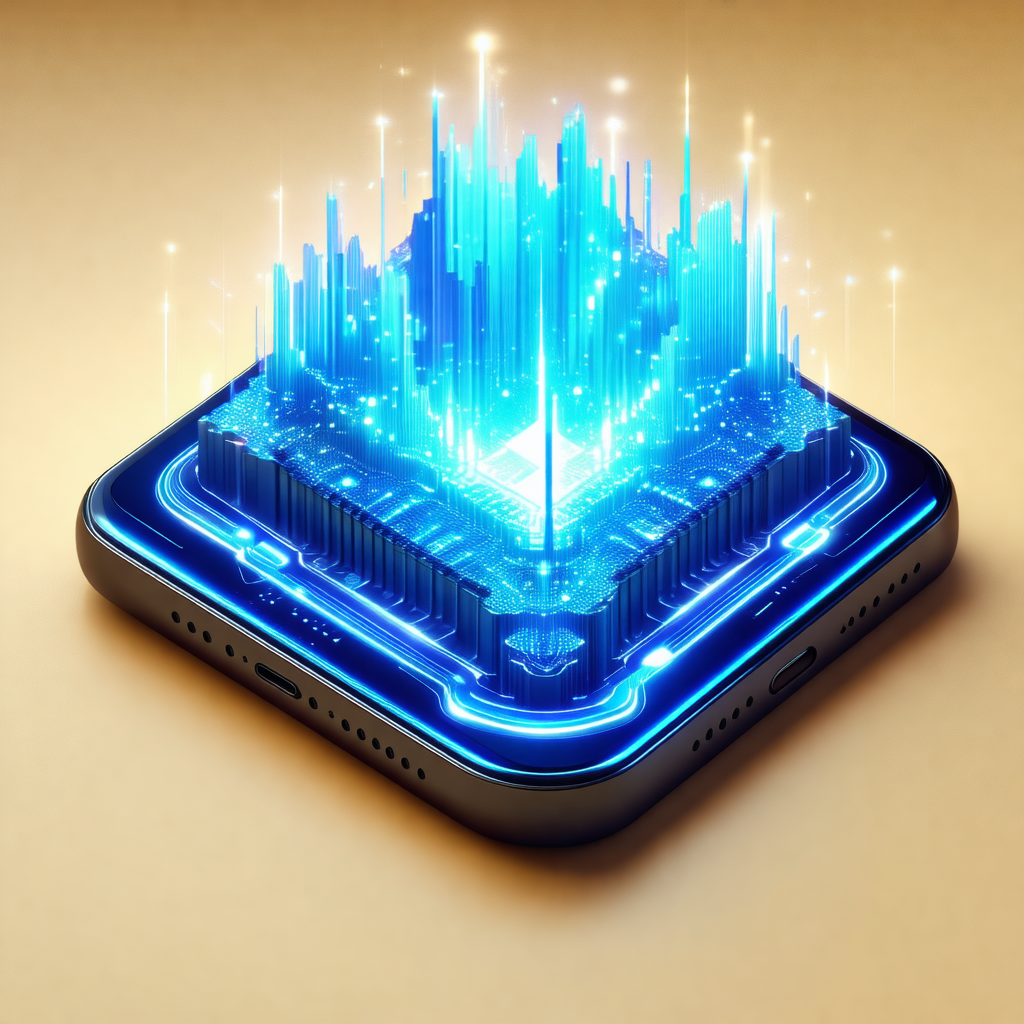 Cell phone with a blue screen, showcasing a futuristic ci...