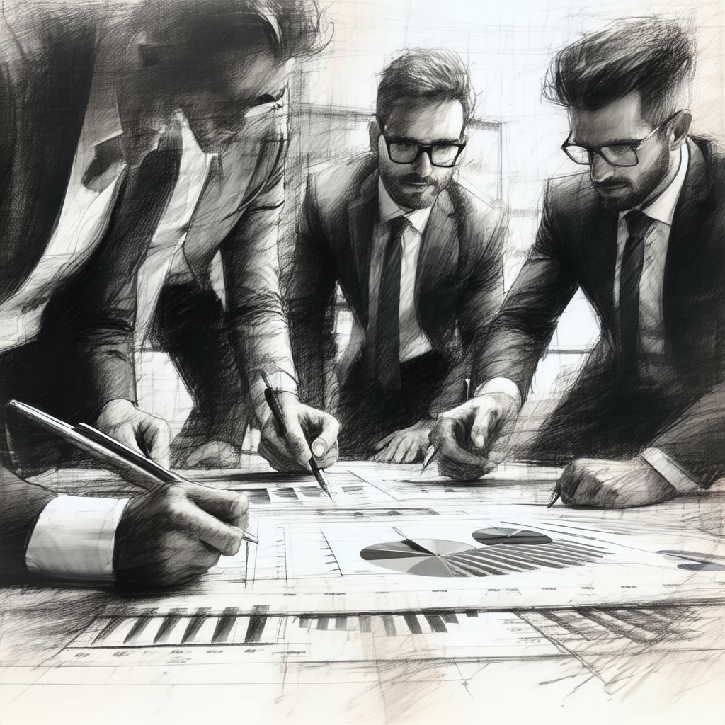 Black and white drawing of four men wearing suits and tie...