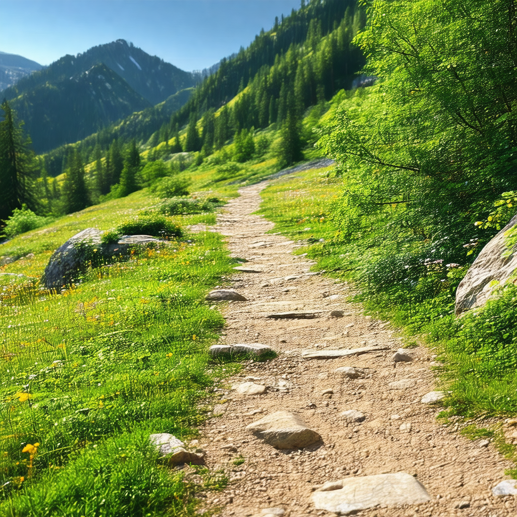 Scenic mountain trail surrounded by lush greenery