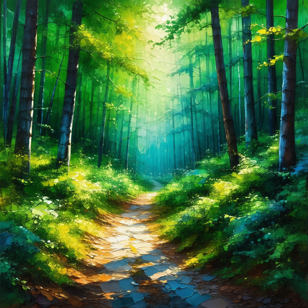 Serene forest scene with a dirt path leading through the ...