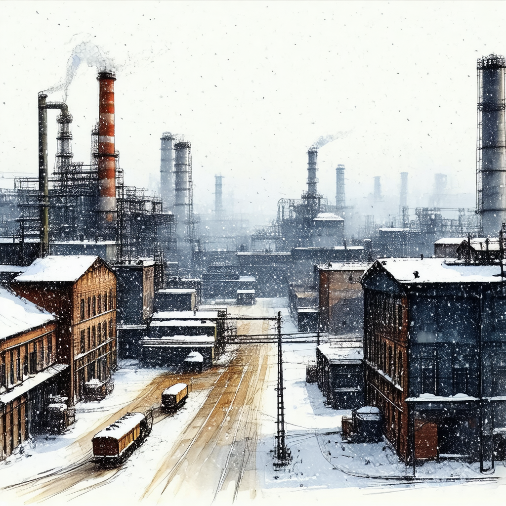 Black and white drawing of a snowy city street