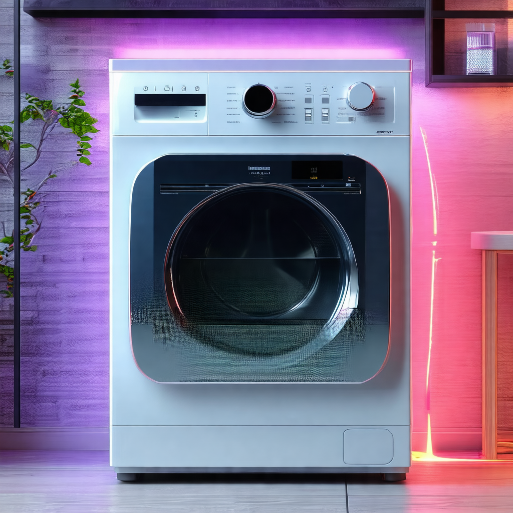 White washing machine sitting in a room with a purple glow
