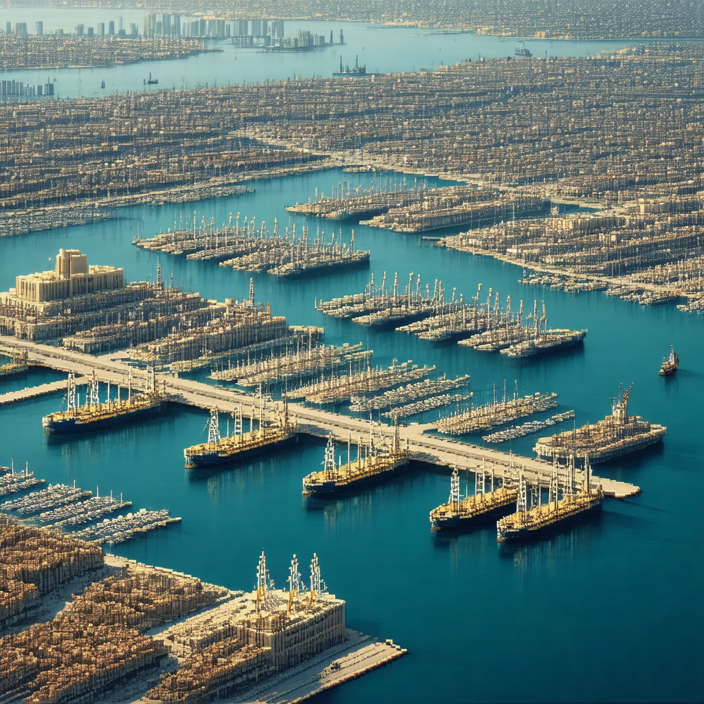 Large, detailed drawing of a harbor filled with numerous ...