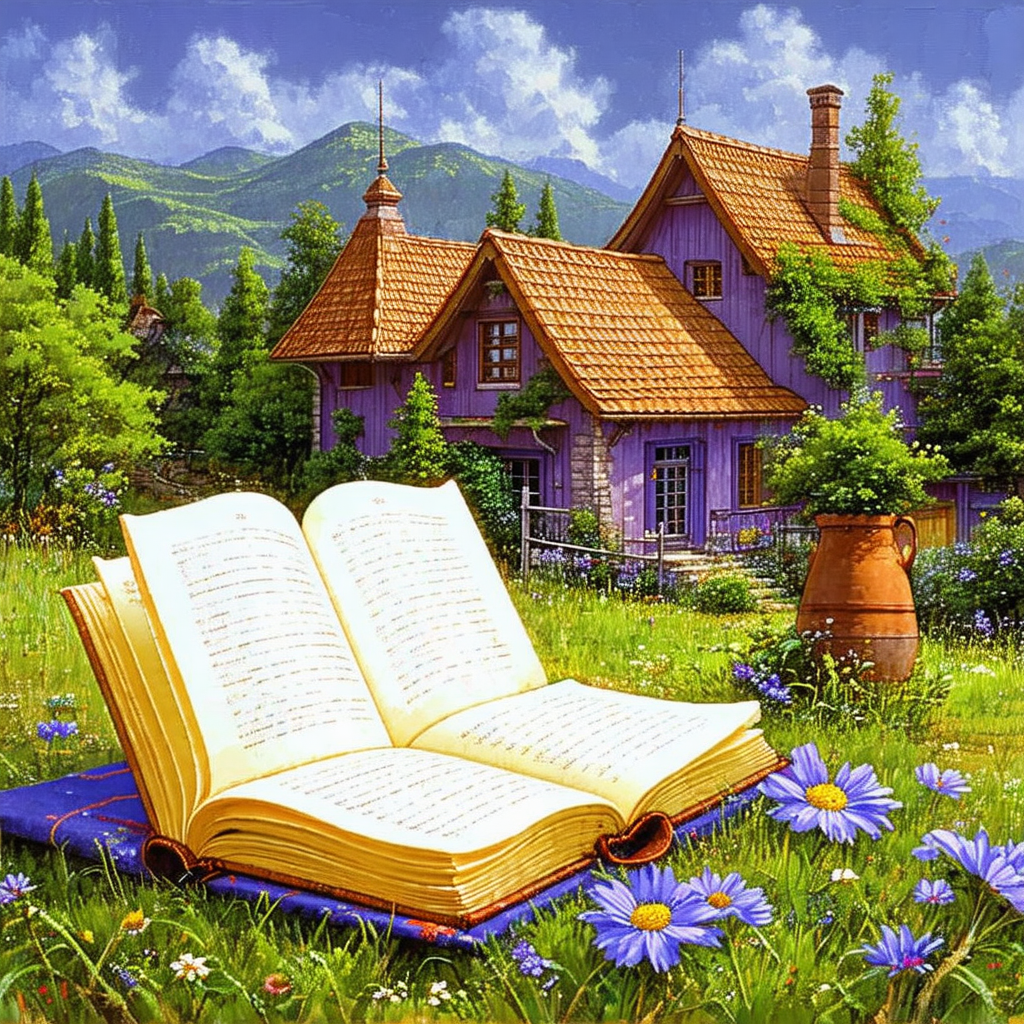 Large, open book lying on a blanket in a field
