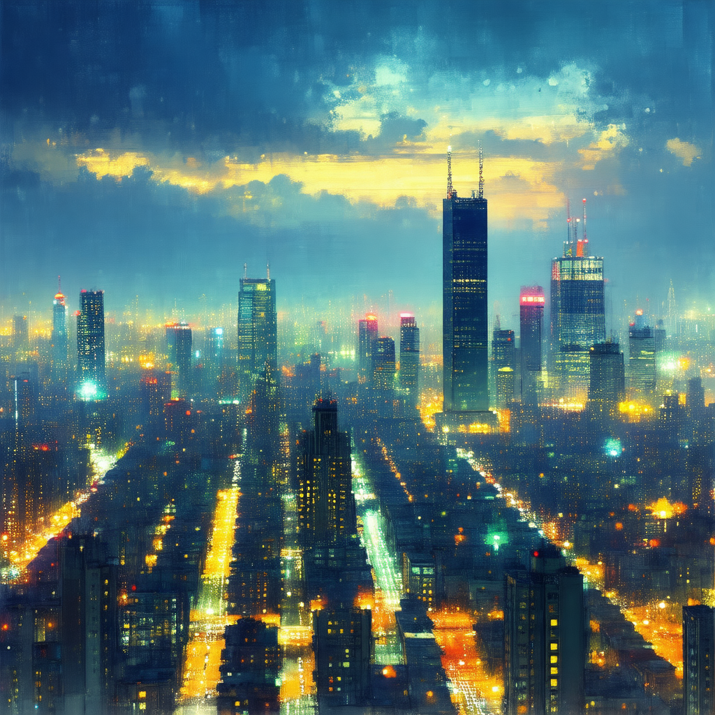 Painting of a city at night, with a skyline filled with t...
