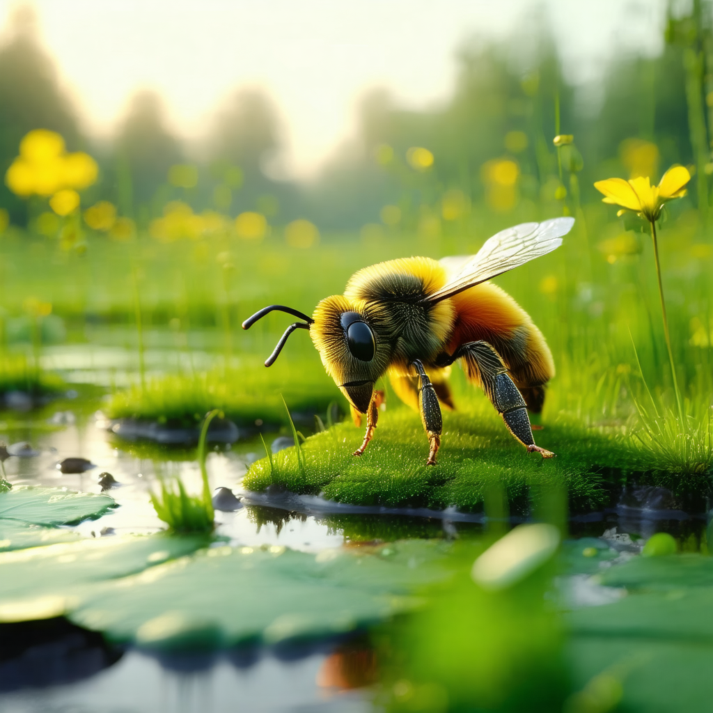 Yellow and black bee standing on a grassy field