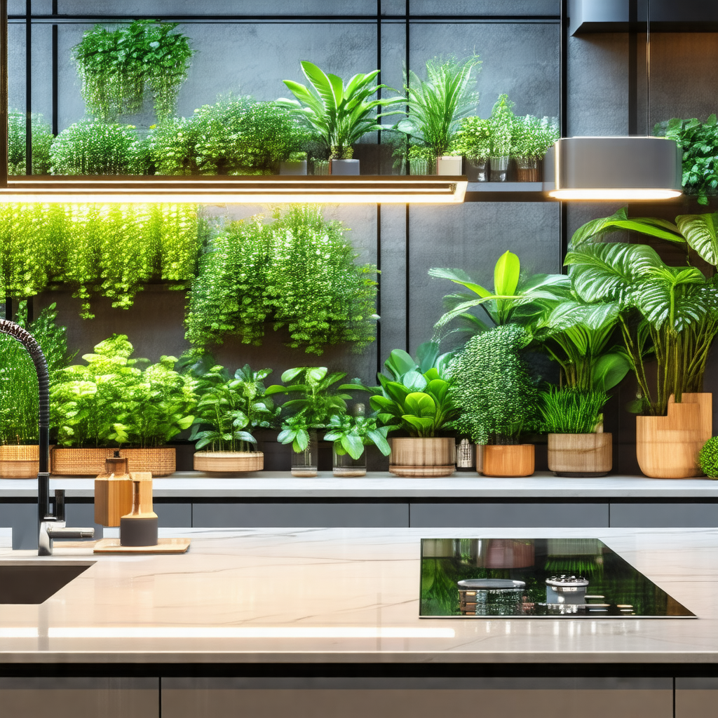 Kitchen with a large number of potted plants lining the w...